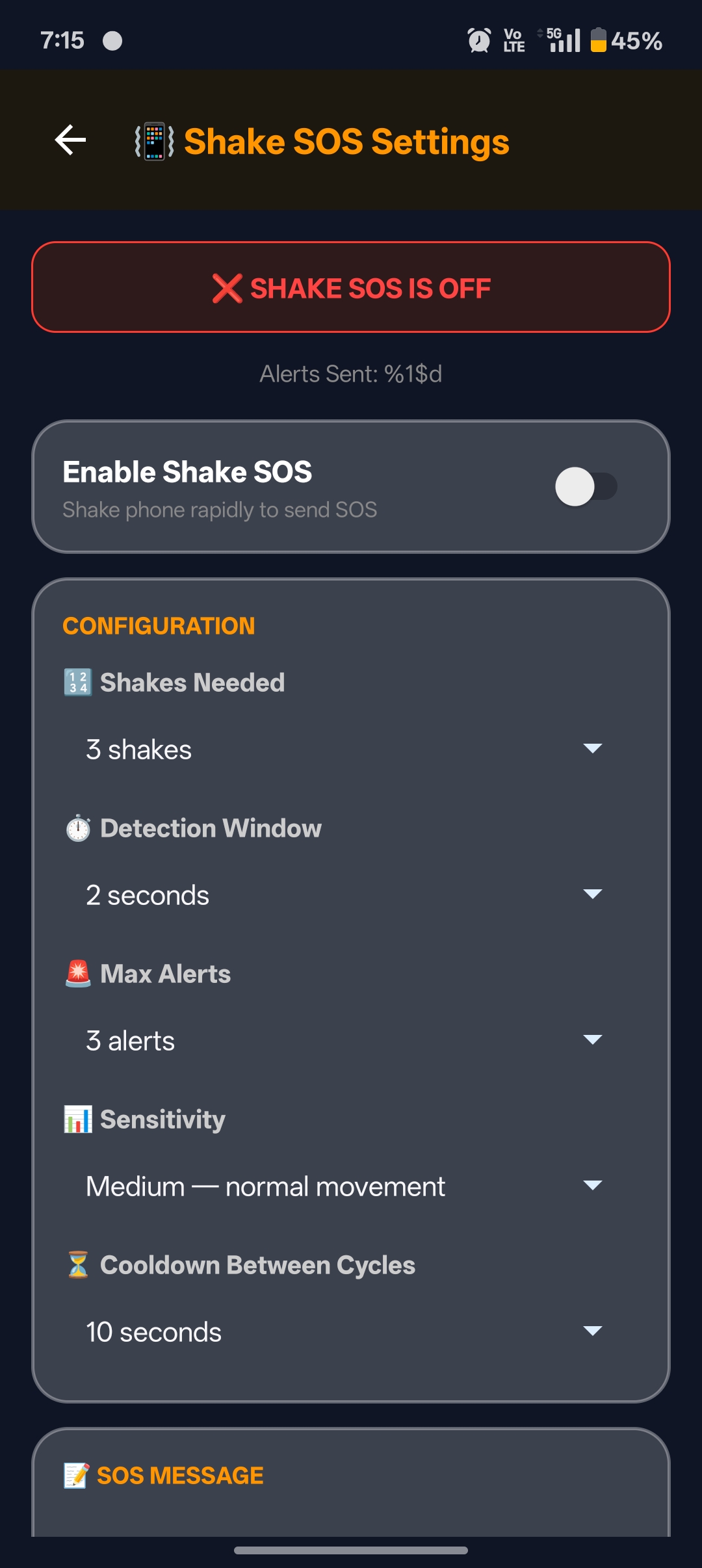 Shake SOS Settings